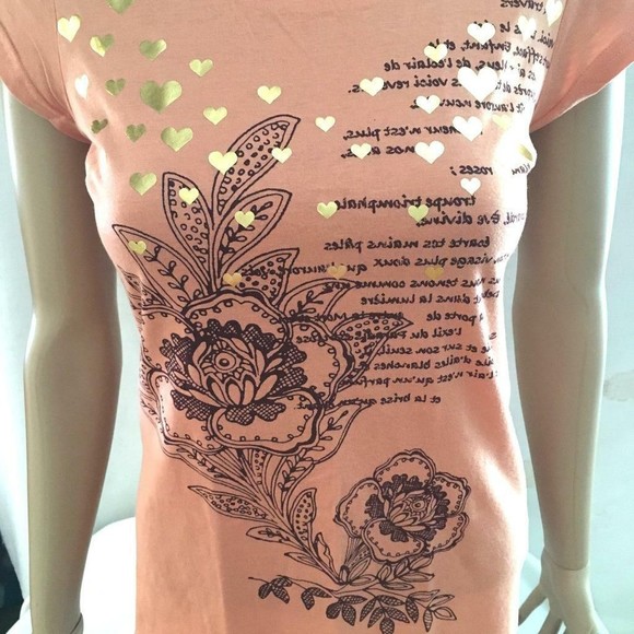 Self Esteem T shirt Junior Peach with Gold Foil Hearts Crew Fitted NOS 2007 - Picture 2 of 6